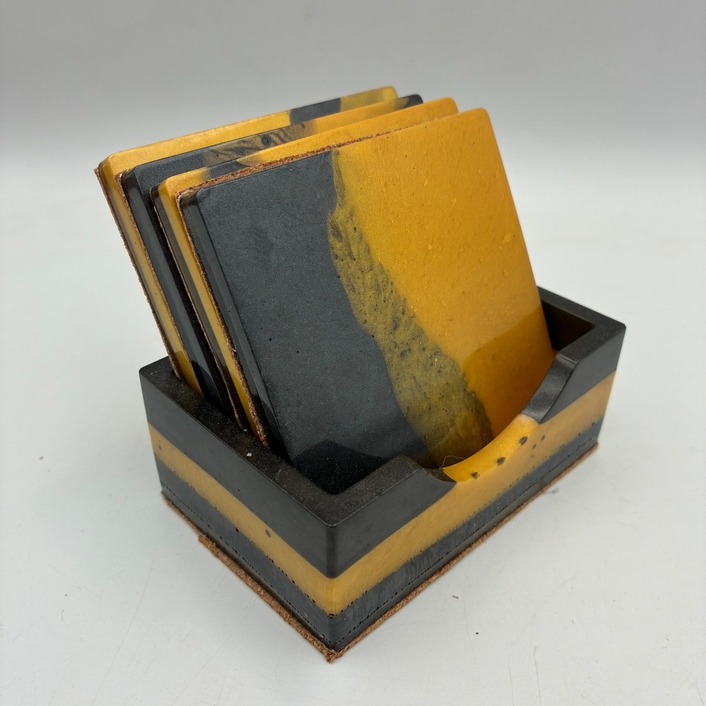 Handmade Resin Coaster Set 4pc with Holder Black Gold Marbled Cork Backing 4in